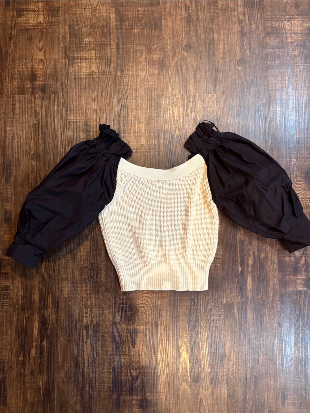 Zara Cream Knit Top with Black Puff Sleeves
